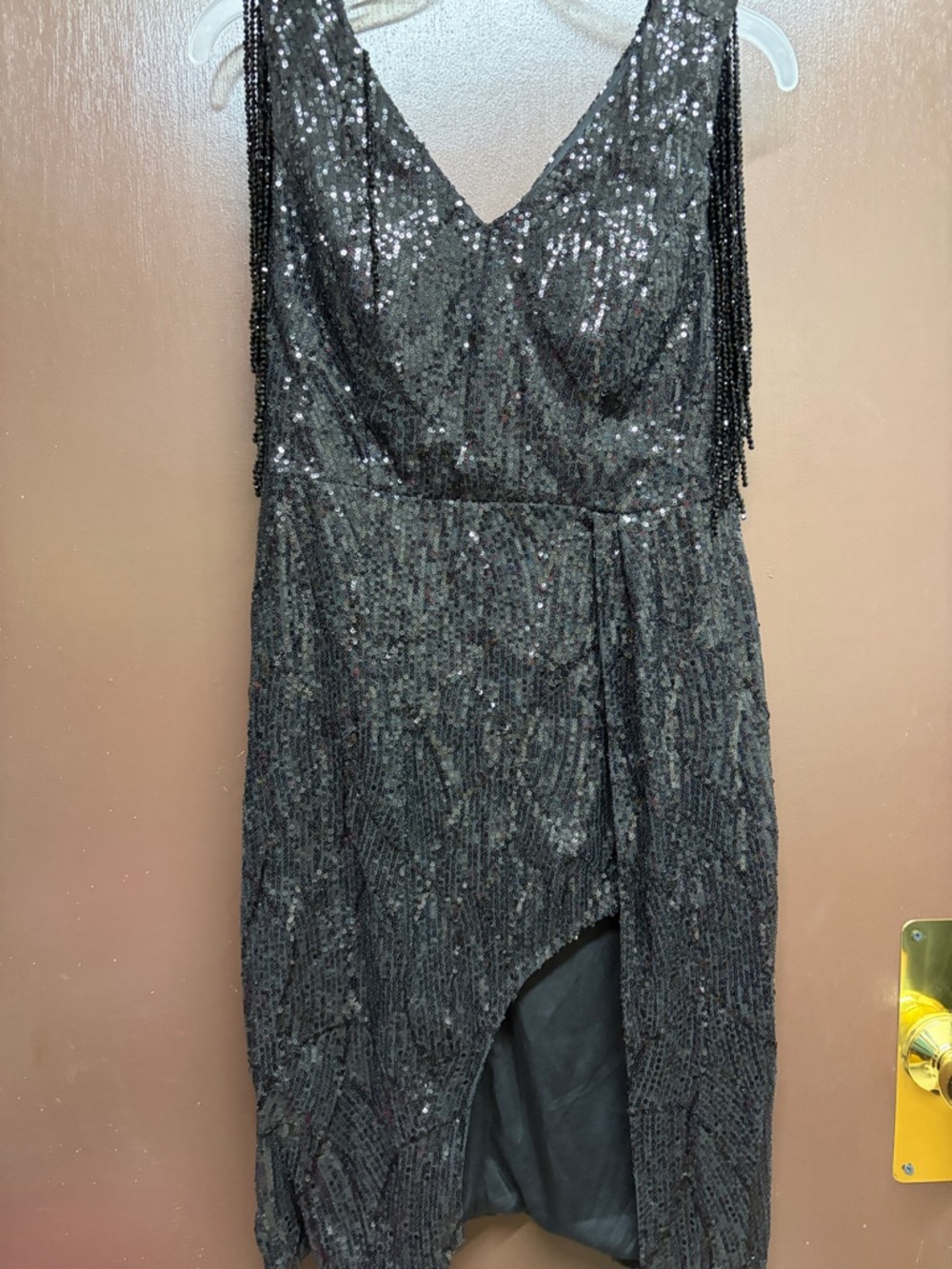 Black Sequin High-Low Evening Dress with Beaded Fringe